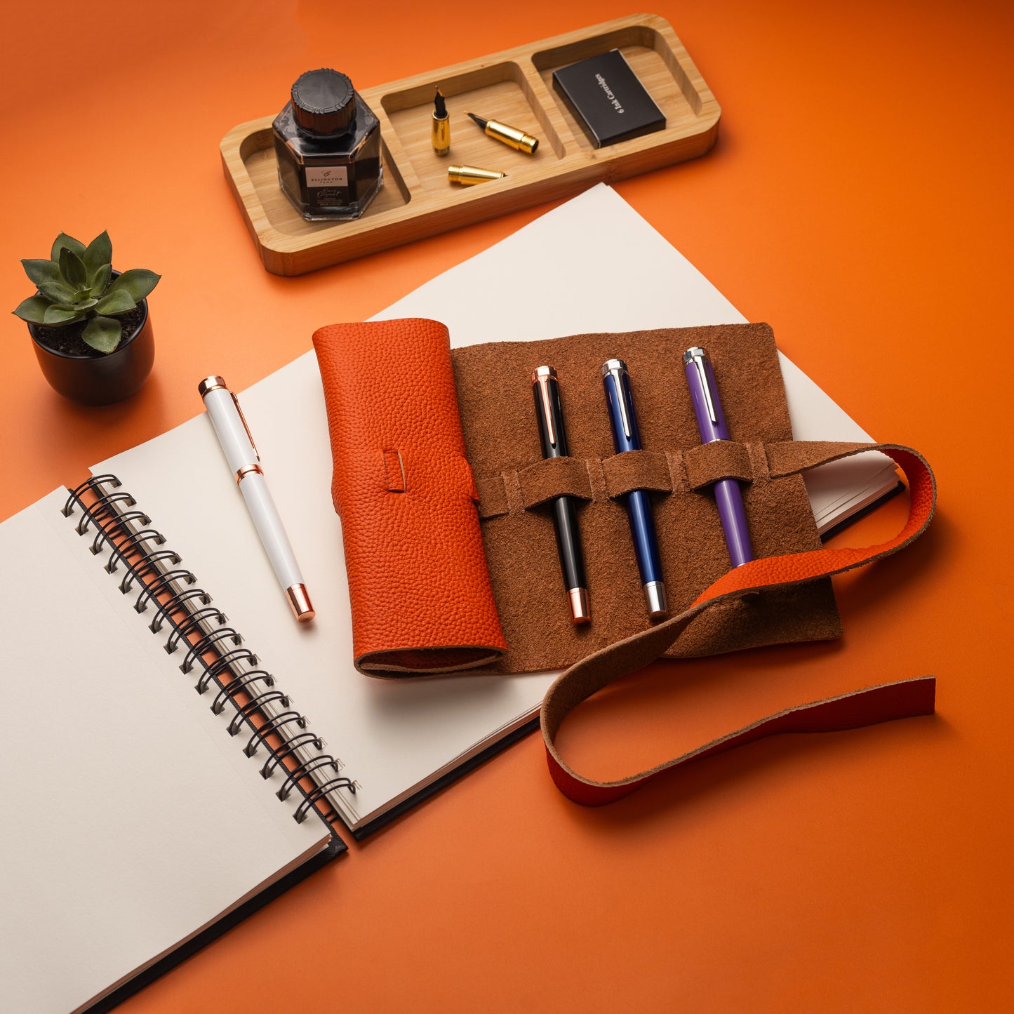 Leather Roll Pen Case Orange