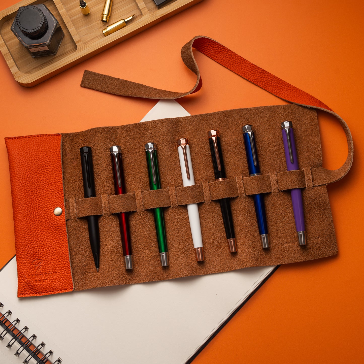 Leather Roll Pen Case Orange