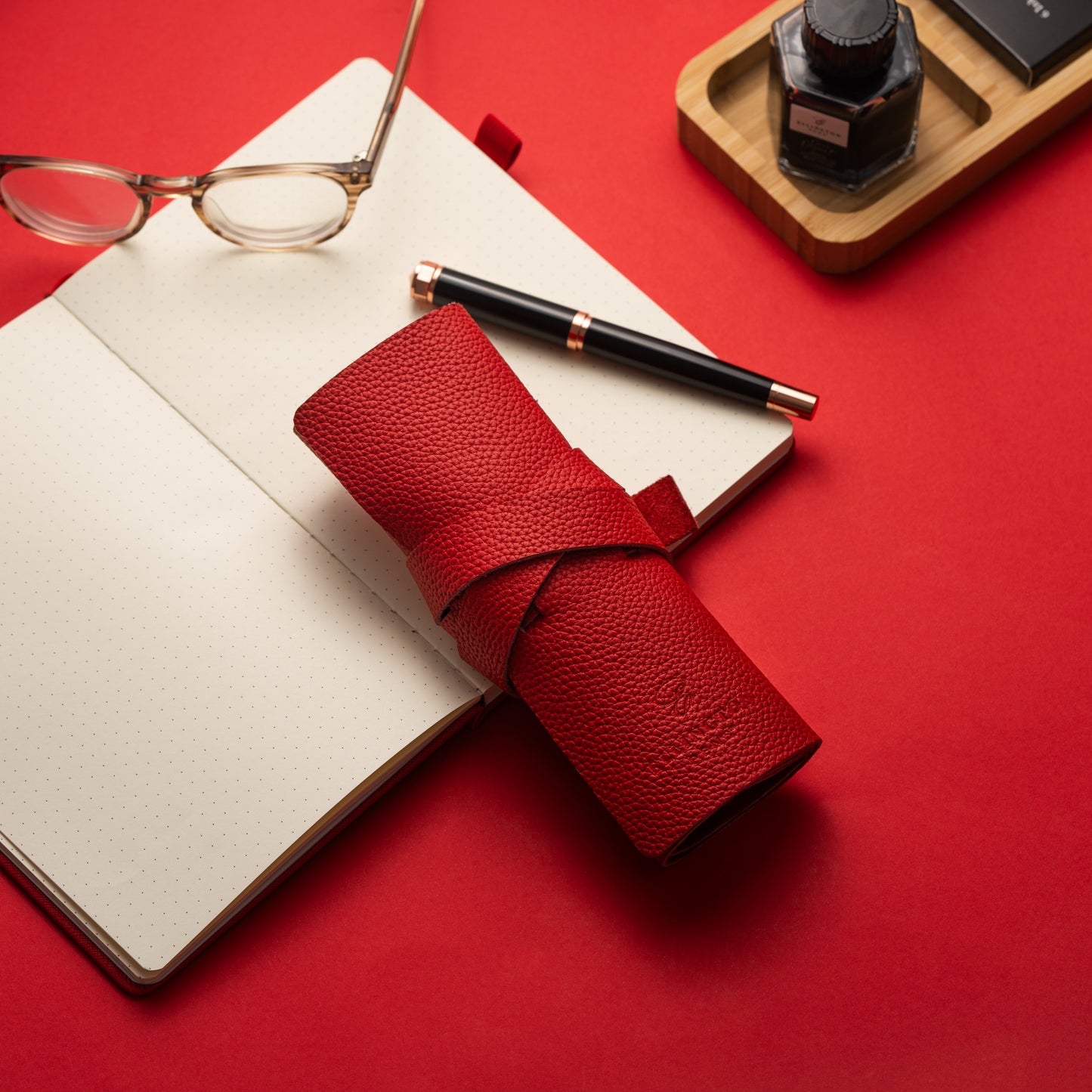 Leather Roll Pen Case Red