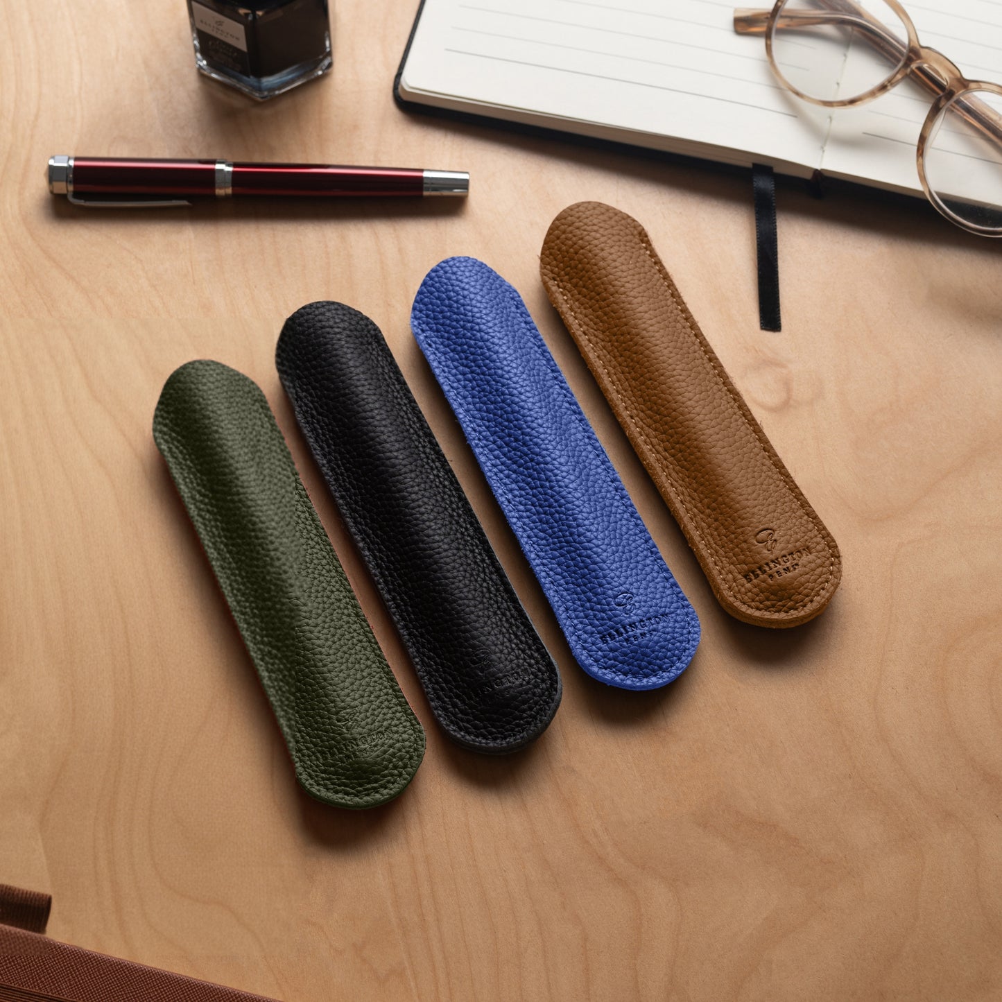 Khaki Green Leather Pen Sleeve with Gift Box