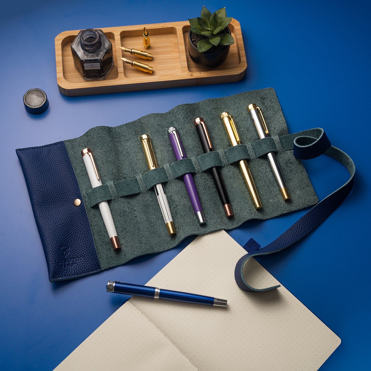 Leather Roll Pen Case Blue