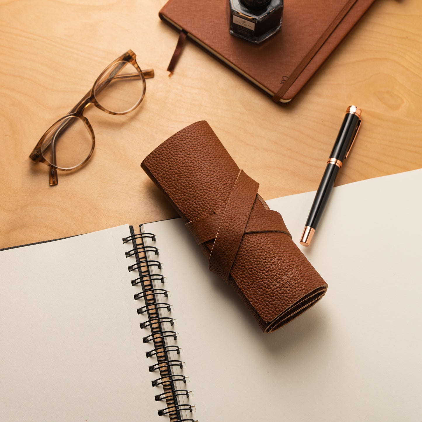 Leather Roll Pen Case Brown