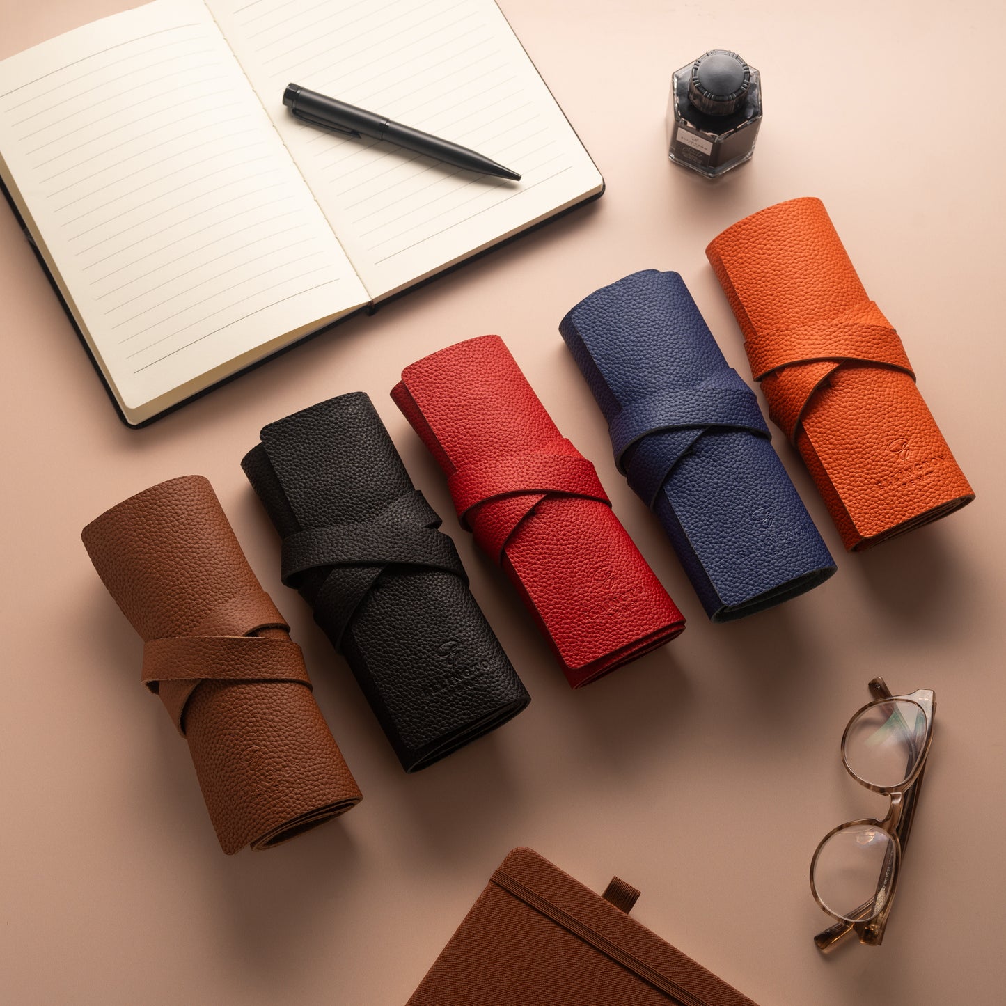 Leather Roll Pen Case Blue