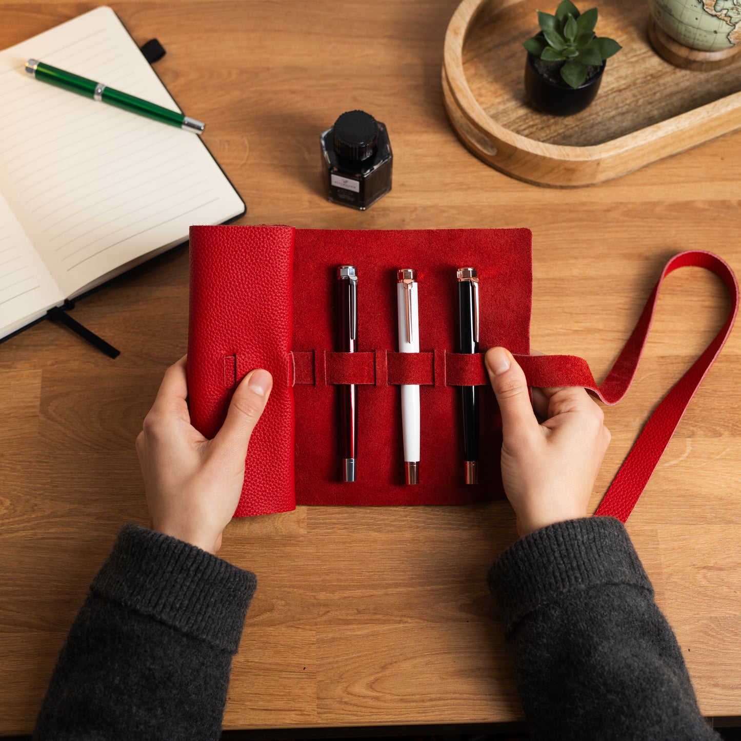 Leather Roll Pen Case Red
