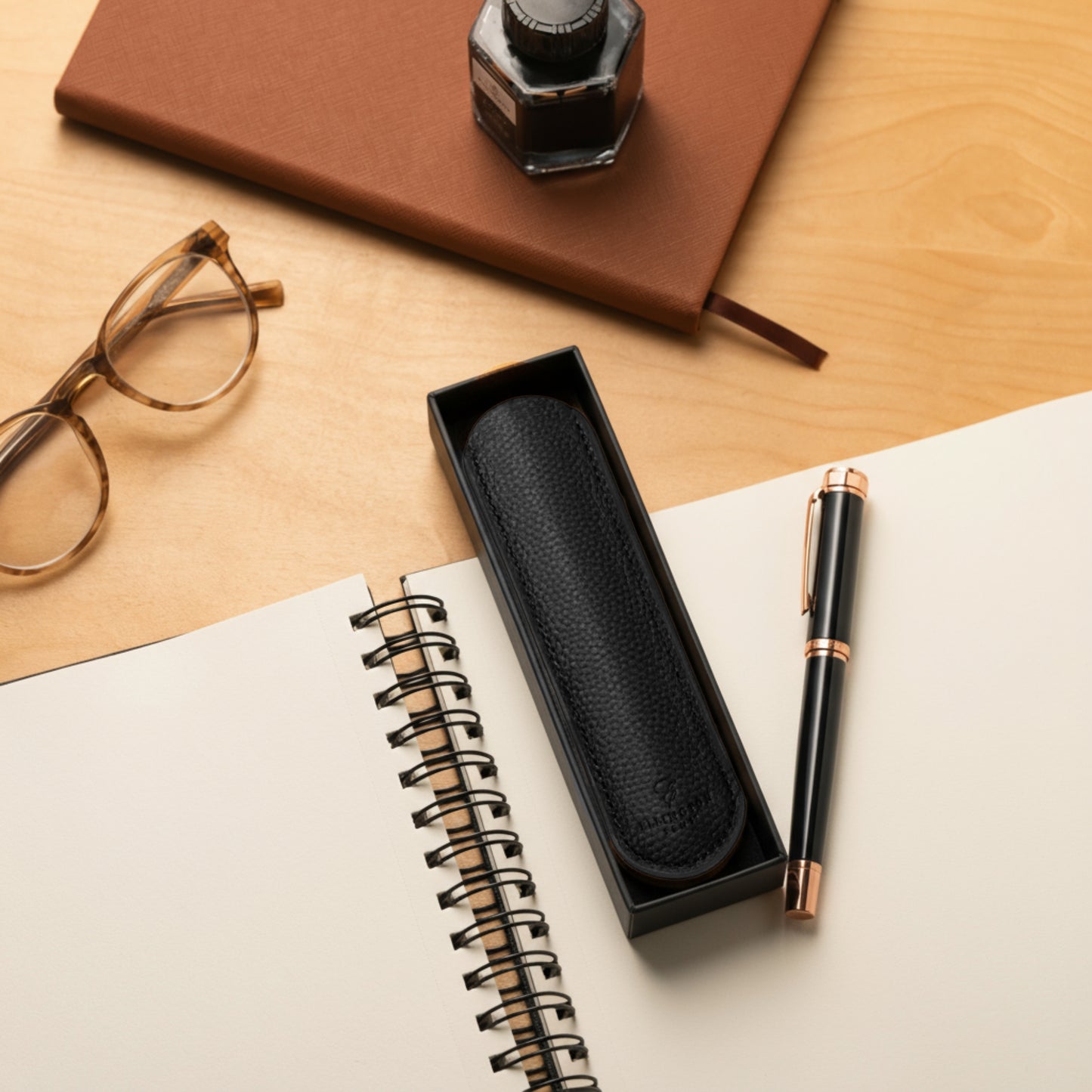 Black Leather Pen Sleeve with Gift Box