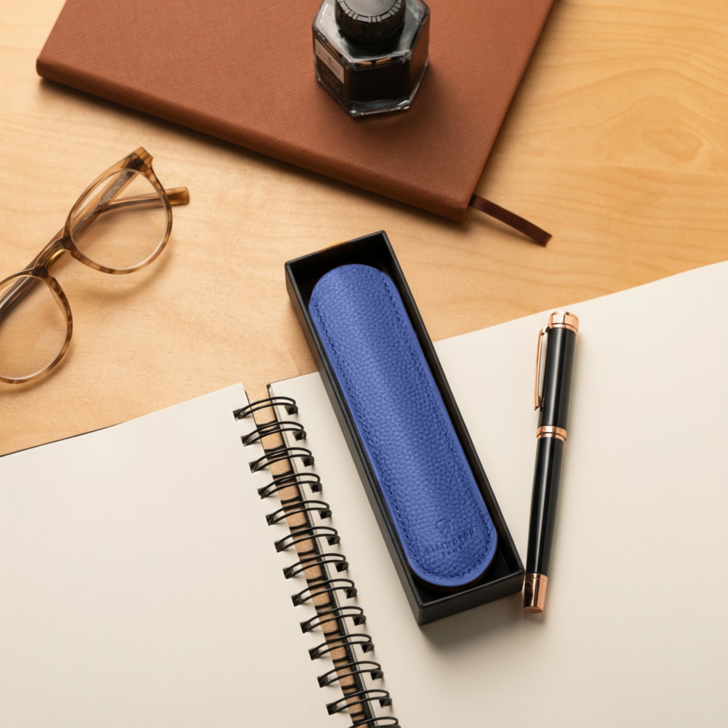 Blue Leather Pen Sleeve with Gift Box