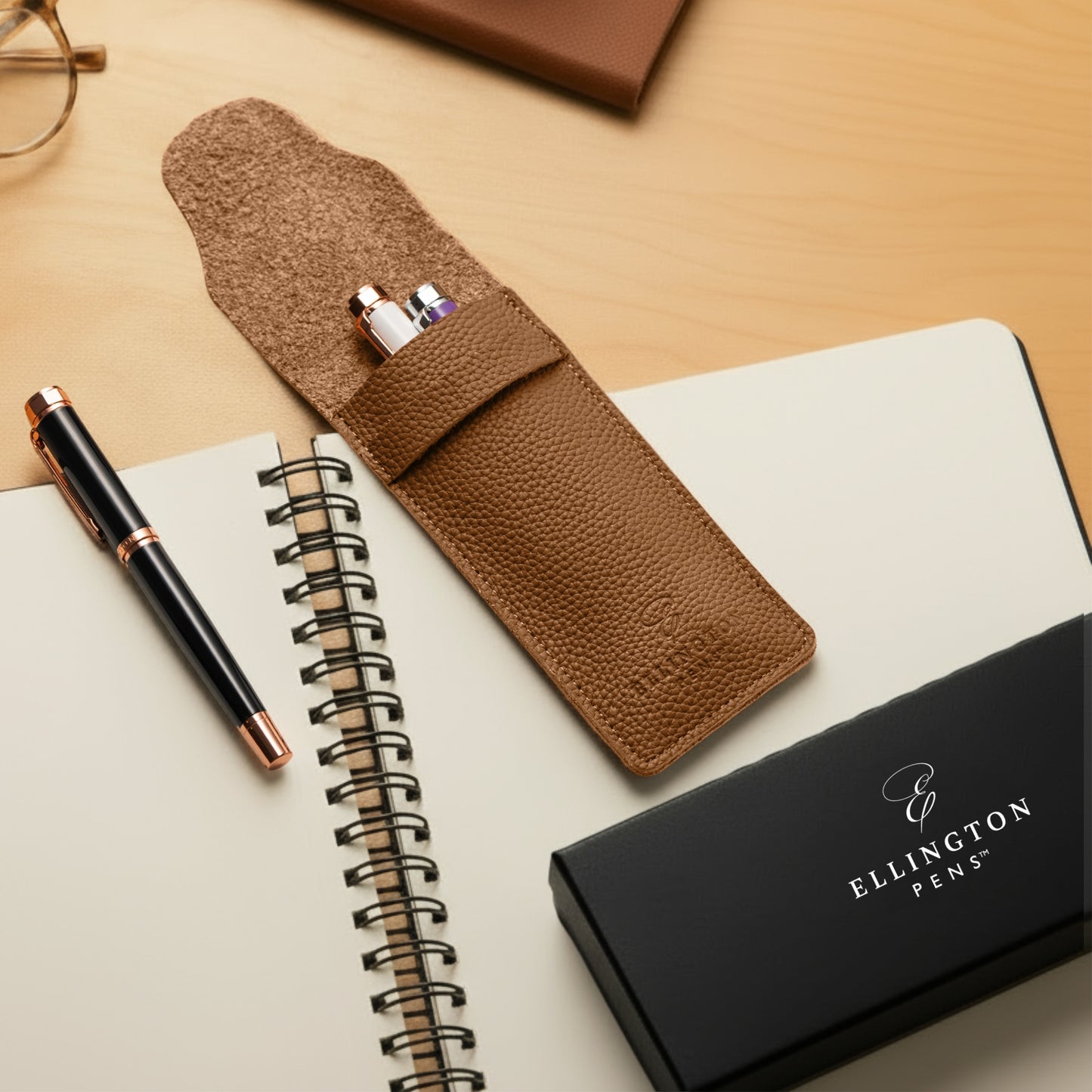 Tan Brown Leather Pen Case with Gift Box