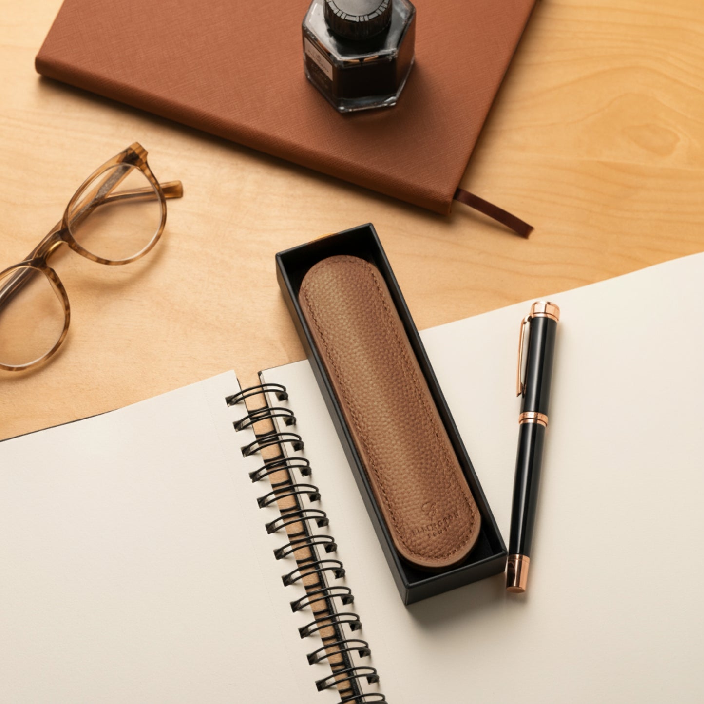 Brown Leather Pen Sleeve with Gift Box