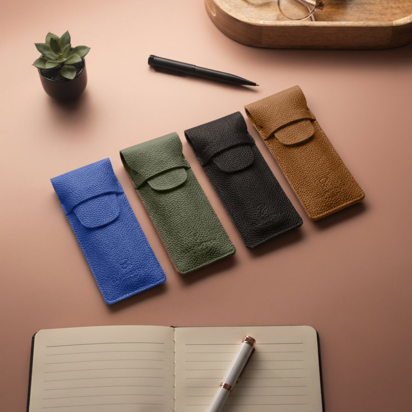 Khaki Green Leather Pen Case with Gift Box