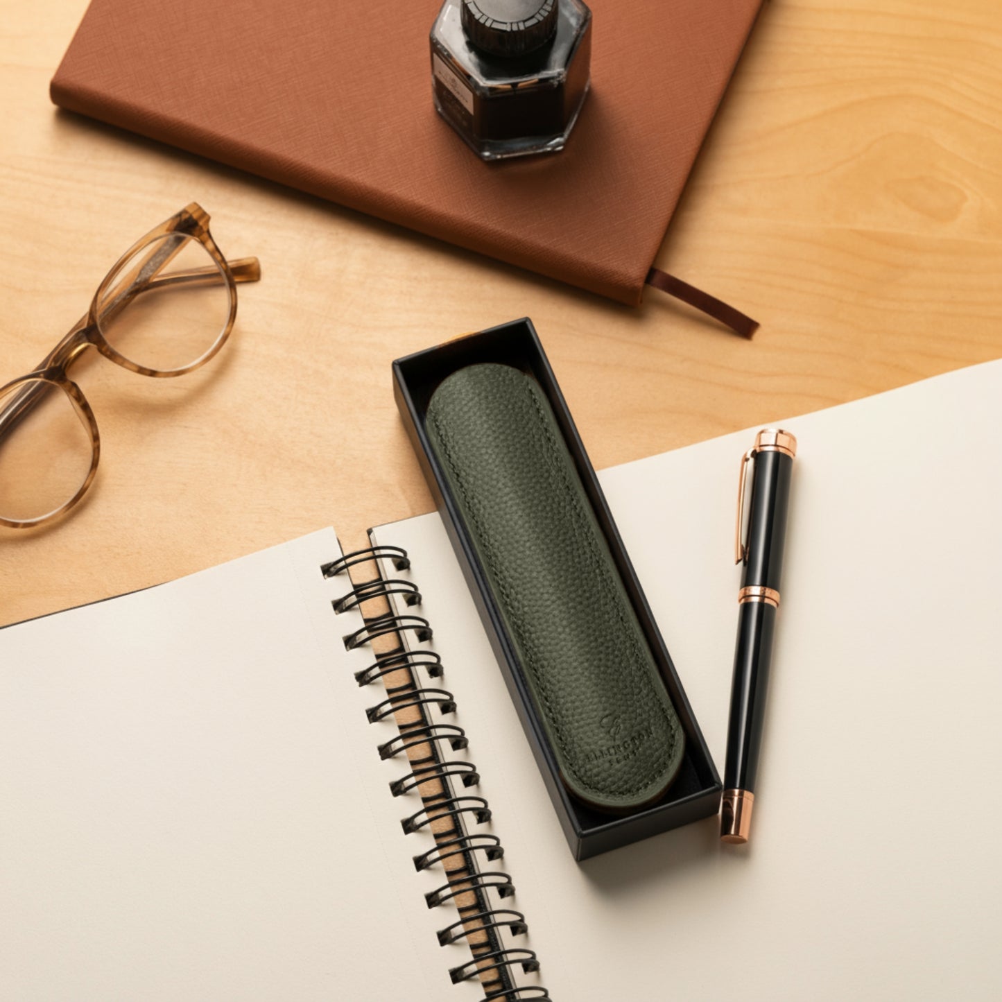 Khaki Green Leather Pen Sleeve with Gift Box