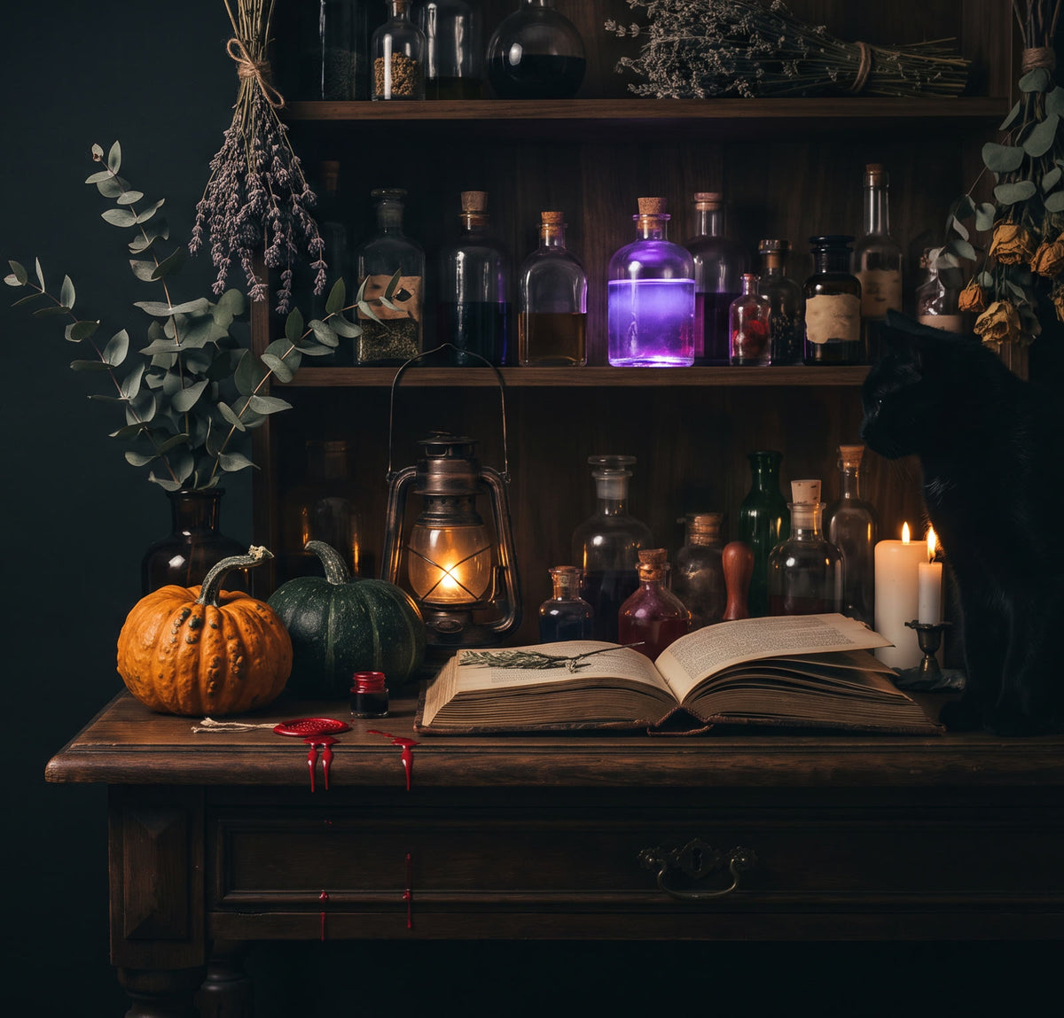 Halloween apothecary shelf with pumpkins, a glowing purple potion, a lantern and a black cat