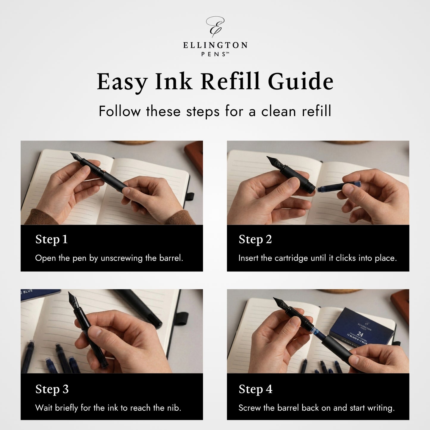Refill Ink Cartridges - 24 Pack - Compatible with Ellington Pens 24 Vibrant Ink