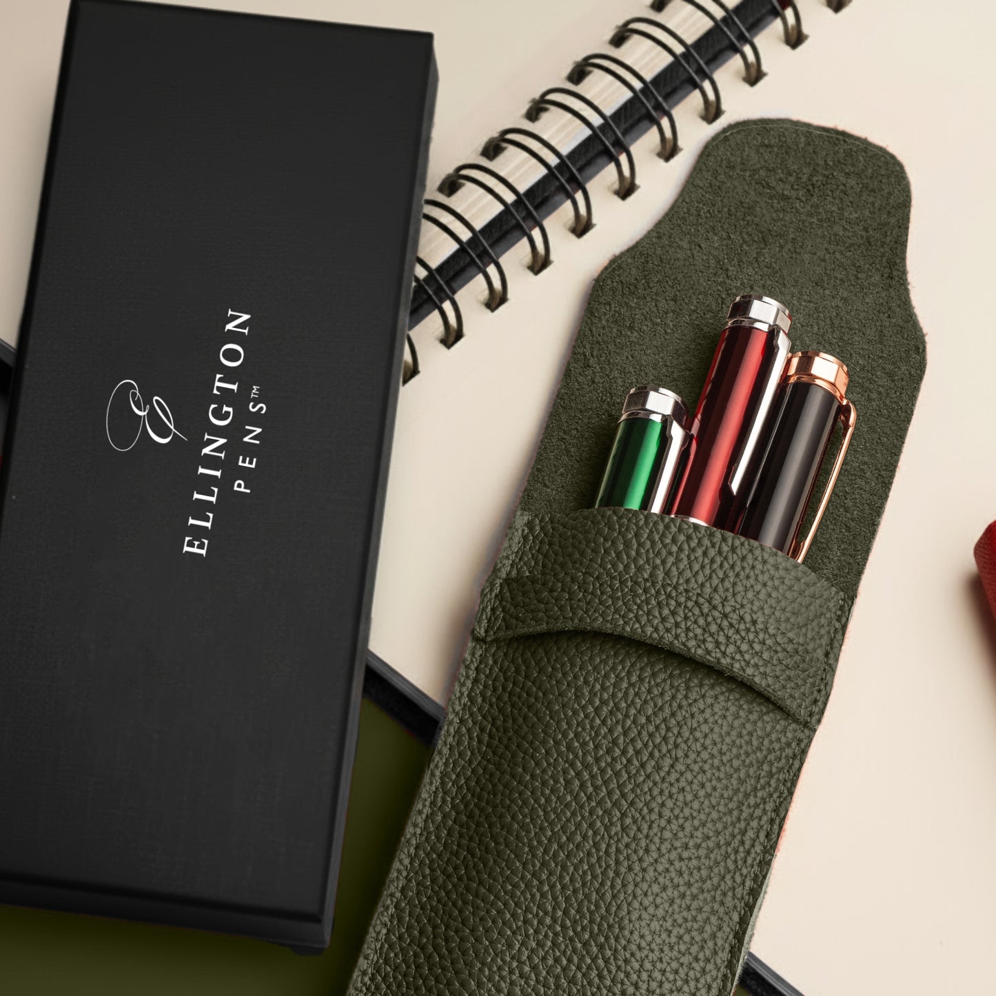 Khaki Green Leather Pen Case with Gift Box